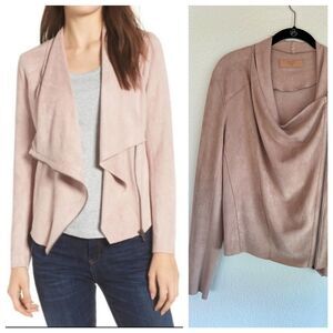 BLANKNYC Crop Asymmetric Zip Micro Suede Draped Moto Jacket in Pink Rose - M